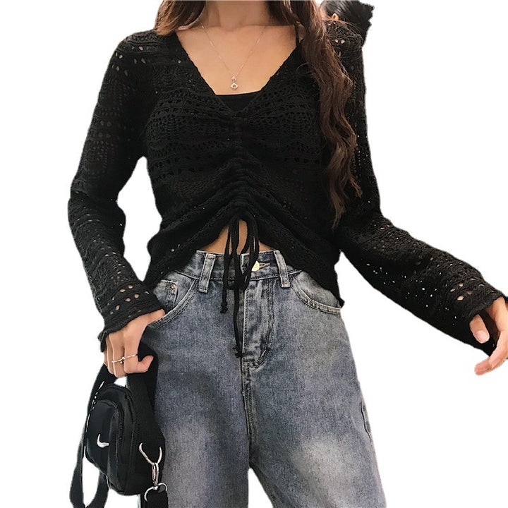 Damen Strickbluse mit dekorativem Lochmuster und verstellbarem Kordelzug Drune