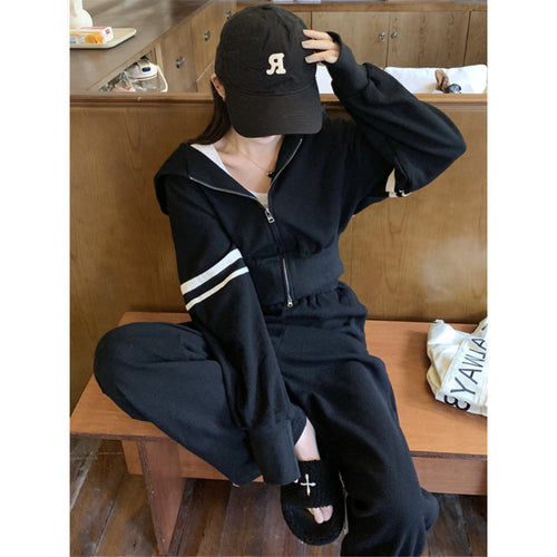 Damen Sportliches Hoodie- und Jogginghosen-Set mit sportivem Reißverschluss und weitem Schnitt Drune