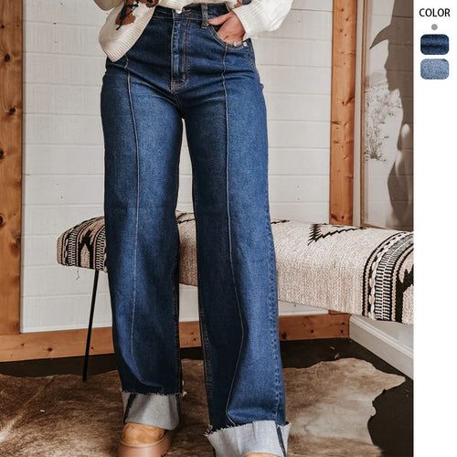 Damen weite High-Waist Jeans mit einzigartigen Kontrastnähten und lässigem Look Drune