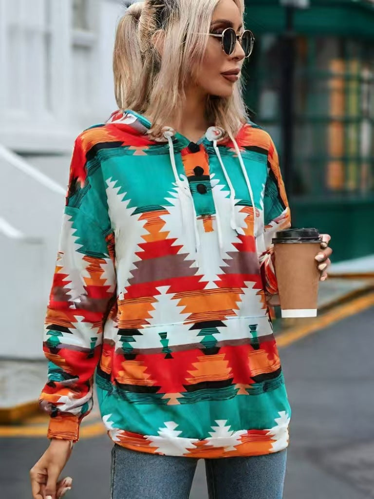 Damen Kapuzenpullover mit kreativem Farbmuster und praktischen Knöpfen Drune