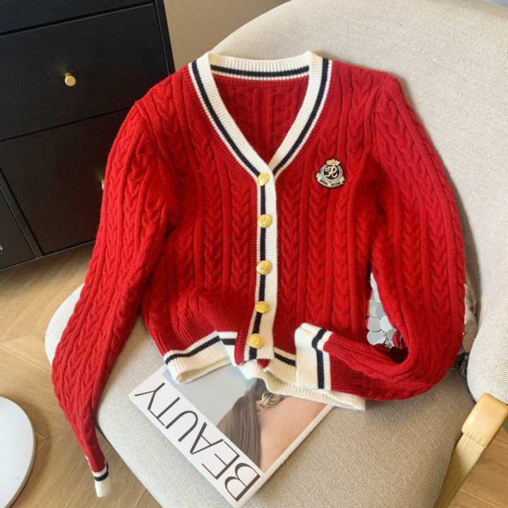 Damen Grobstrick-Cardigan mit dekorativen Knöpfen und sportlichem Streifenmuster Drune