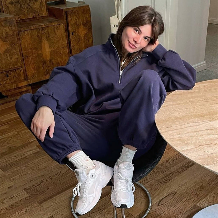 Damen Sportliches Sweatset mit halbem Reißverschluss und weiten Beinen Drune