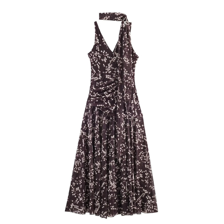 Damen Maxikleid mit floralem Rüschenversatz und elegantem V-Ausschnitt Drune