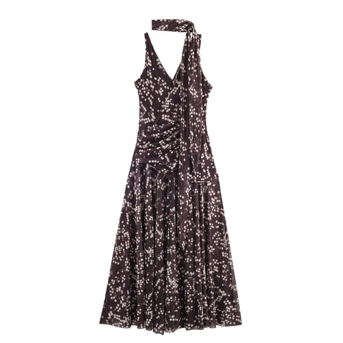 Damen Maxikleid mit floralem Rüschenversatz und elegantem V-Ausschnitt Drune