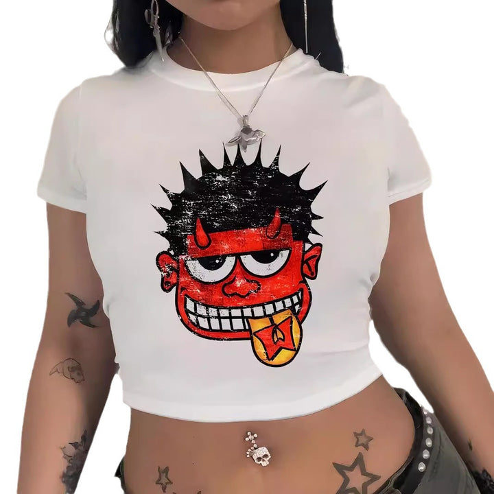 Damen Crop-T-Shirt mit kreativem Comic-Motiv Drune