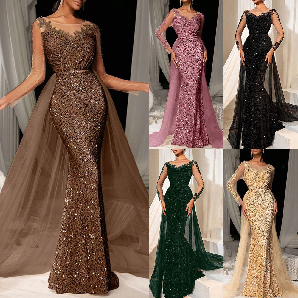 Damen Glamouröses Abendkleid mit schimmerndem Spitzenoberteil und fließendem Tüllumhang Drune
