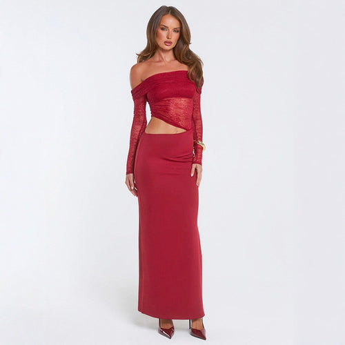 Damen elegantes Off-Shoulder-Maxikleid mit asymmetrischem Schnitt und transparenter Spitze Drune