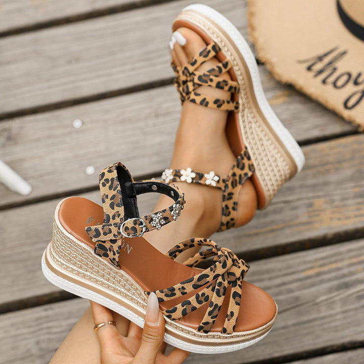 Damen Wedge-Sandalen mit dekorativen Riemen und modischem Leopardenmuster Drune