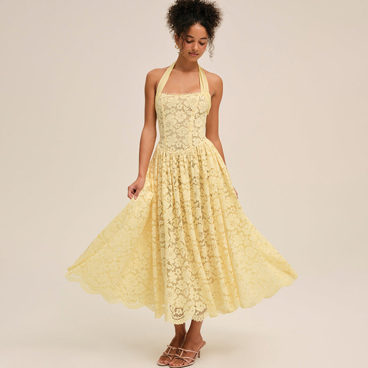 Damen Elegant Spitzenkleid mit geflochtenem Träger Drune