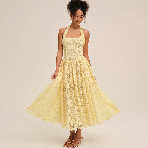 Damen Elegant Spitzenkleid mit geflochtenem Träger Drune
