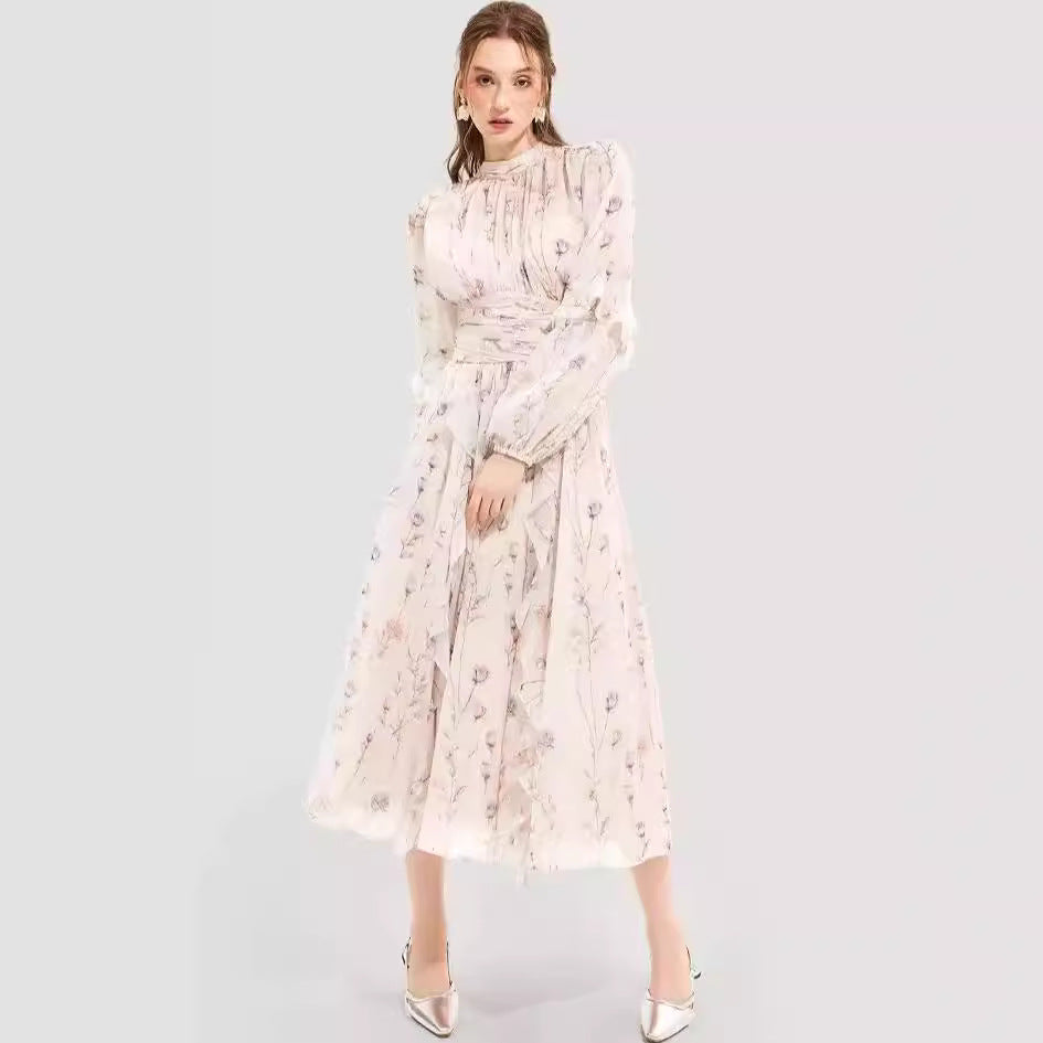 Damen Maxikleid mit floralen Rüschen und Halsbündchen Drune