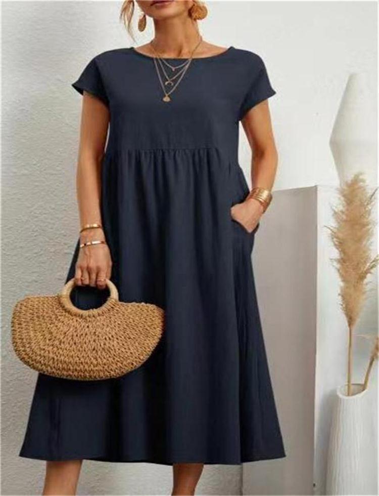 Damen lässiges Midikleid mit elegantem Schnitt und praktischen Taschen Drune