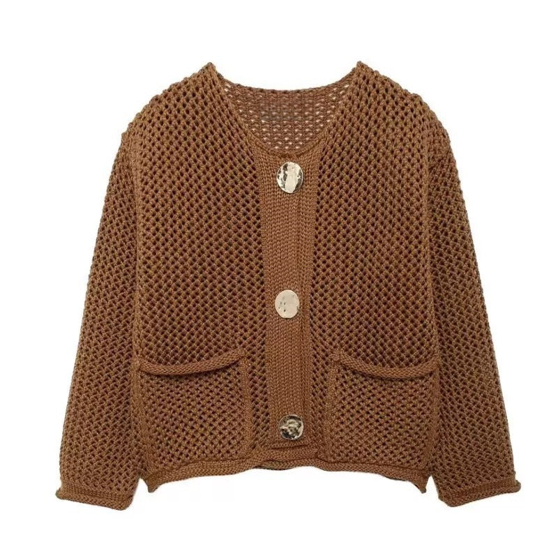 Damen Strickjacke mit Netzstruktur und großen Knopfdetails Drune