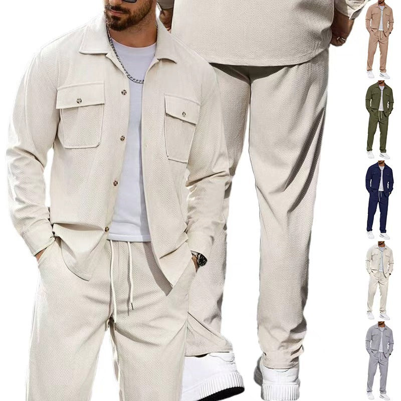 Herren nan lässiger Zweiteiler Hemdjacke mit aufgesetzten Brusttaschen und Kordelzughose Drune