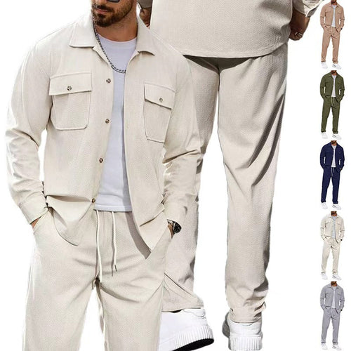 Herren nan lässiger Zweiteiler Hemdjacke mit aufgesetzten Brusttaschen und Kordelzughose Drune
