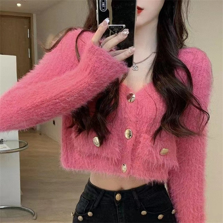 Damen Flauschiger Cardigan mit Knopfdetails und praktischen Taschen Drune