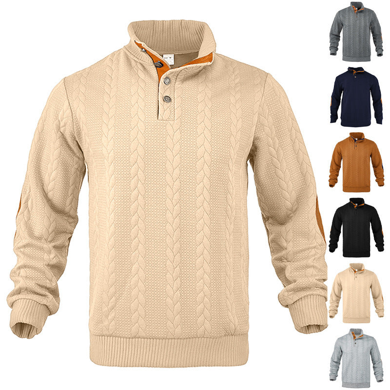 Herren nan lässiger Zopfstrickpullover mit verstärkter Knopfleiste und Wildleder-Ellenbogenpatches Drune