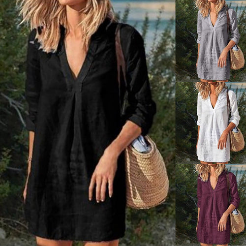 Damen nan Leinen Tunika Kleid mit V-Ausschnitt knielang lockere A-Linie Drune
