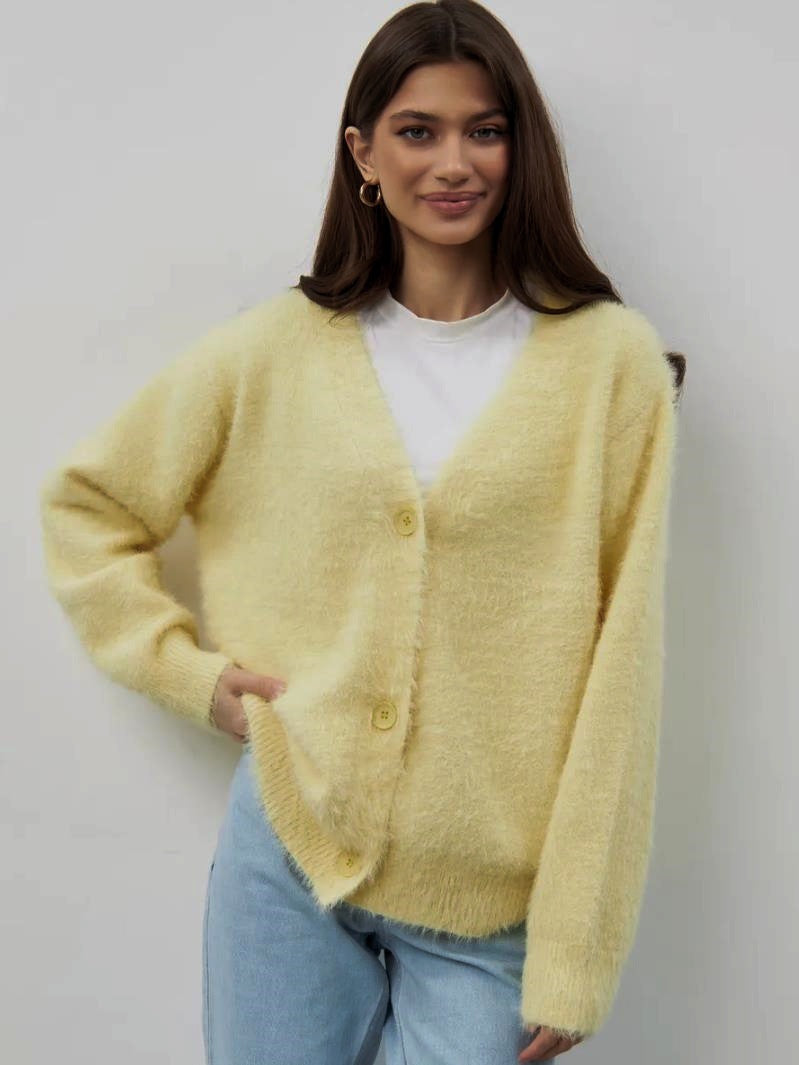 Damen kuschelige Strickjacke mit weichem Mohair-Mix und eleganter Knopfleiste Drune