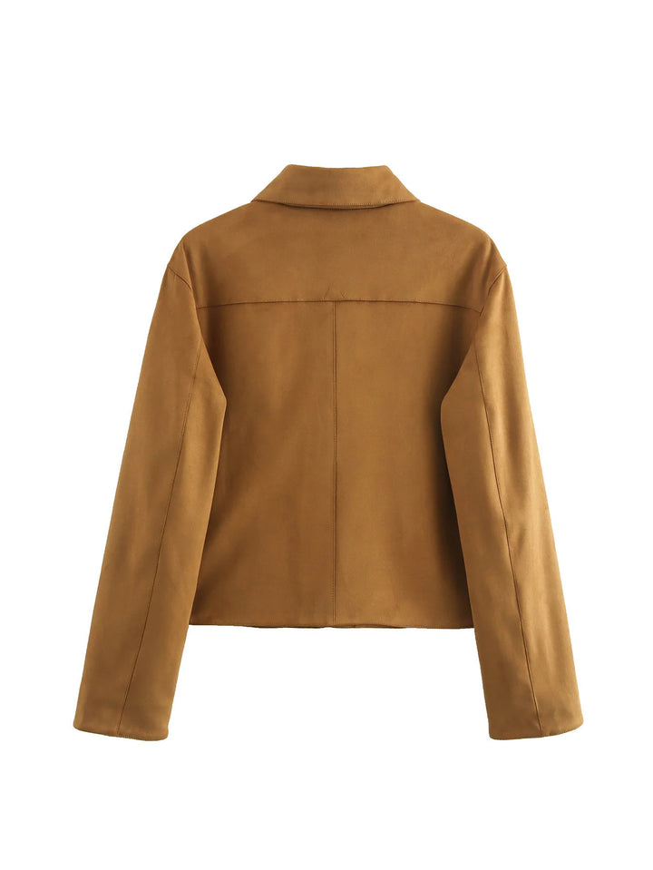 Damen modische Kurzjacke aus hochwertigem Wildlederimitat mit praktischen Taschen Drune