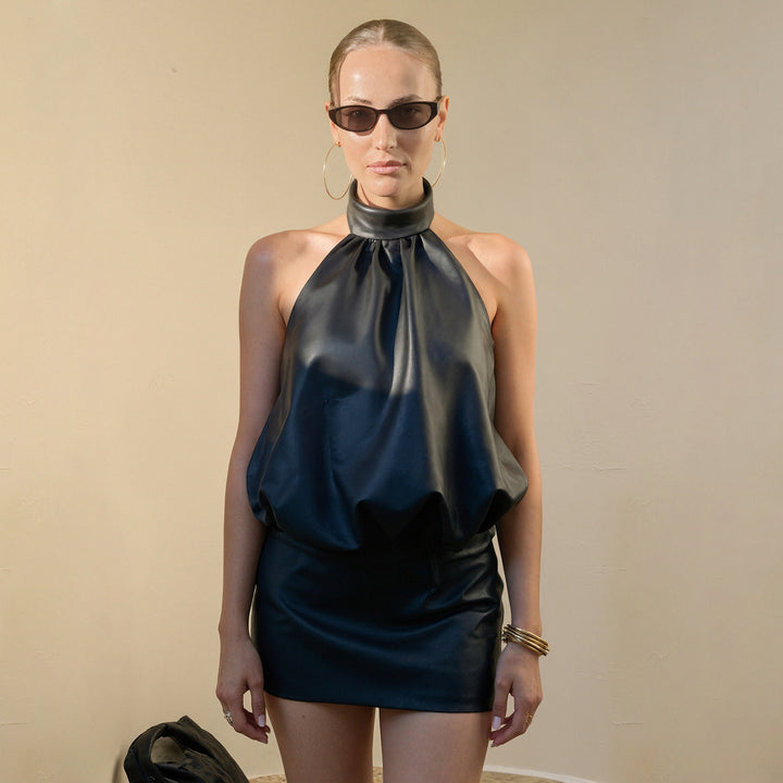 Damen ärmelloses Kunstlederkleid mit modernem Stehkragen Drune