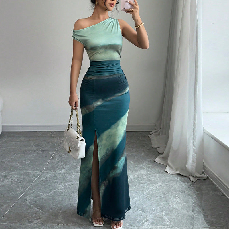 Damen Elegantes Maxikleid mit asymmetrischem Schulterdesign und hohem Schlitz Drune