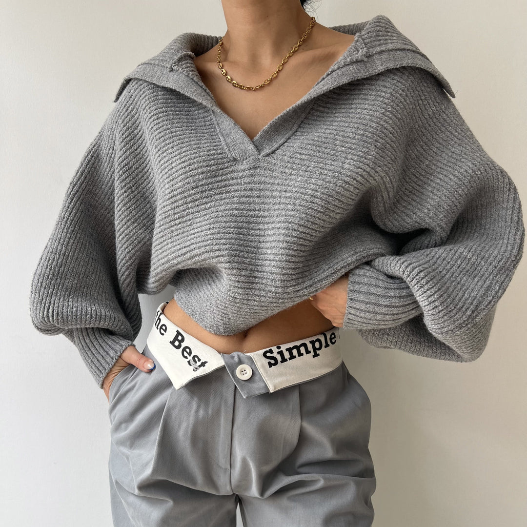 Damen lässiger Cropped Pullover mit hohen Ärmeln Drune
