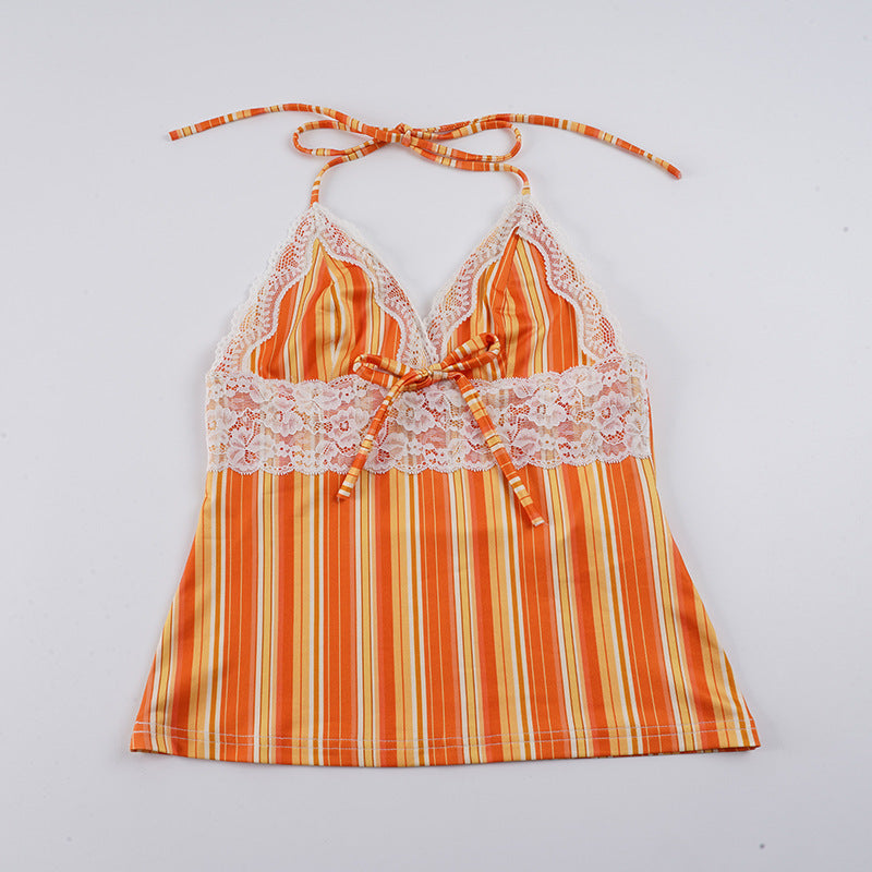 Damen Charmantes Spaghetti-Top mit Spitzenakzenten und Streifenmuster Drune