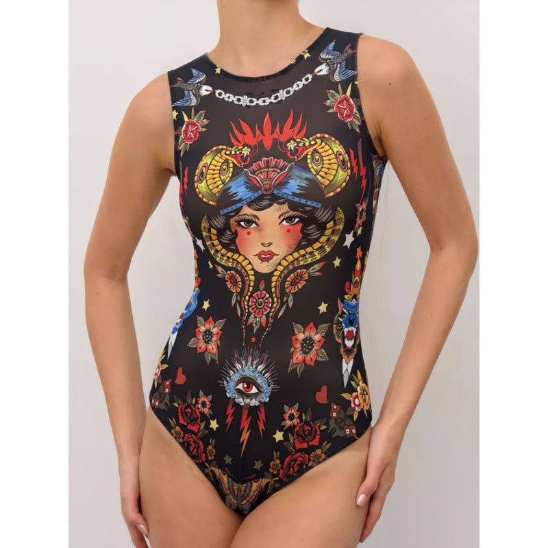 Damen Sportbadeanzug mit modernem Grafikdesign und hohem Neck Drune