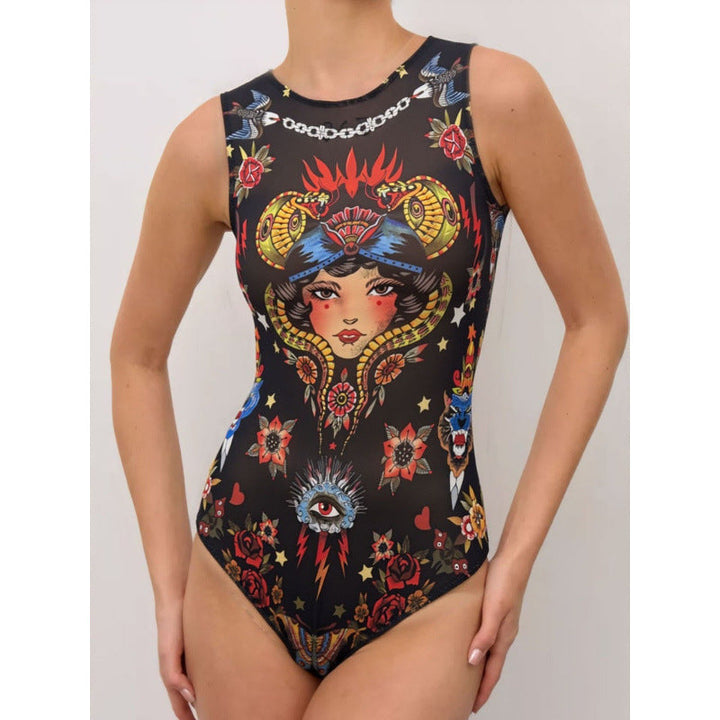 Damen Sportbadeanzug mit modernem Grafikdesign und hohem Neck Drune