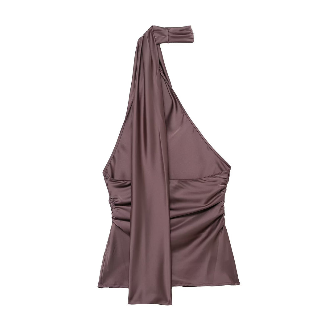 Damen asymmetrisches Top mit elegantem Halsschleifen-Design und Raffungen Drune