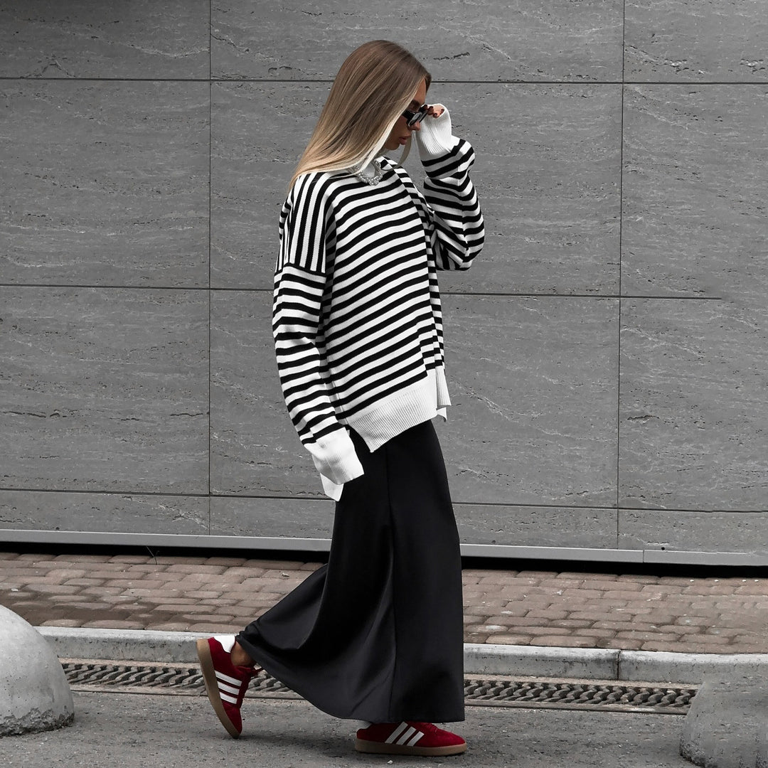 Damen gestreifter Pullover im lässigen Oversized-Stil mit breiten Ärmeln Drune