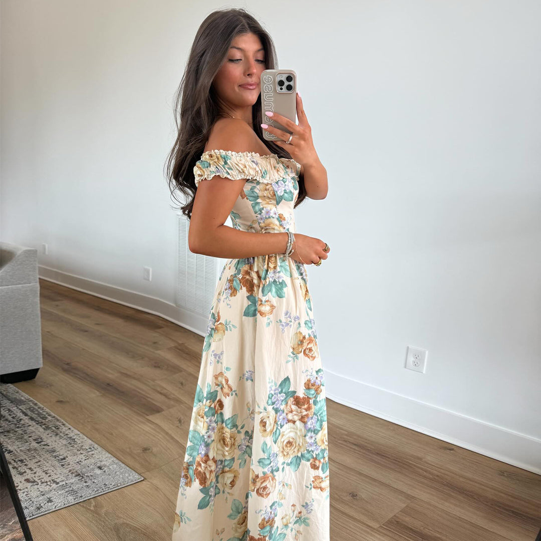 Damen Off-Shoulder Maxikleid mit floralen Akzenten und gerafftem Oberteil Drune