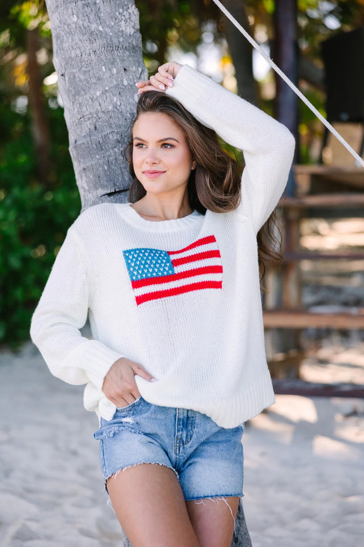 Damen trendiger Pullover mit USA-Flaggenstickerei aus luftiger Baumwolle Drune