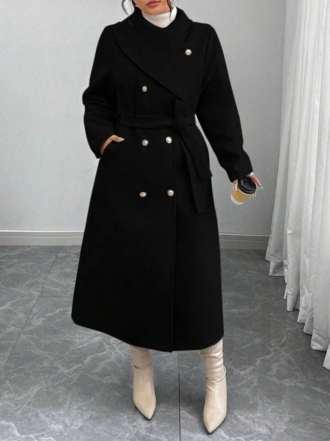 Damen eleganter wärmender Wollmantel mit doppelter Knopfleiste und einem Gürtel Drune