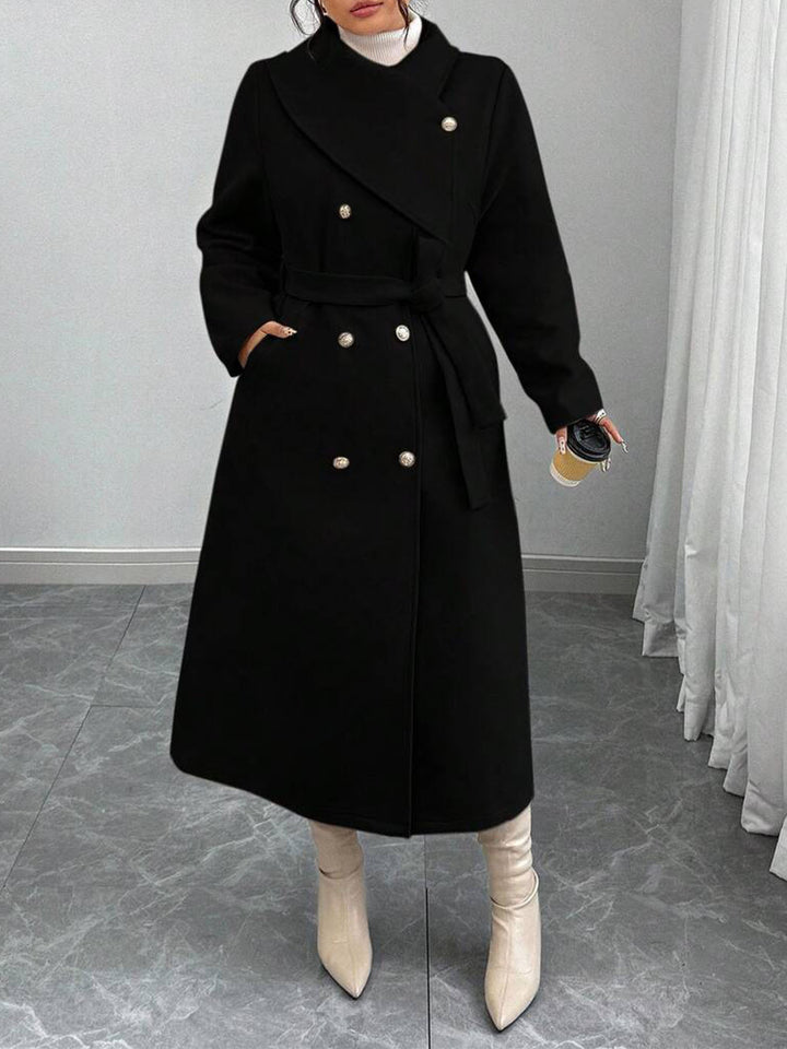 Damen eleganter wärmender Wollmantel mit doppelter Knopfleiste und einem Gürtel Drune