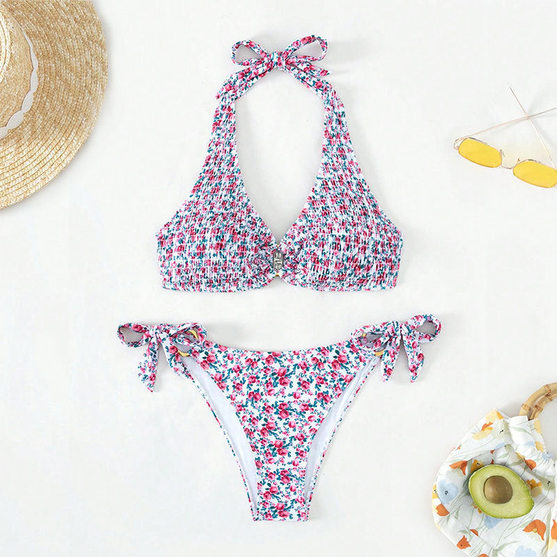Damen Halter-Bikini mit floralem Design und verspielten Bindebändern Drune