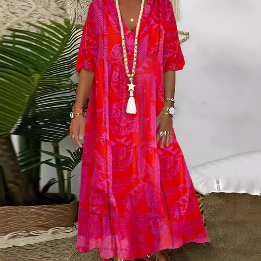 Damen elegantes Maxikleid mit floralen Motiven und V-Ausschnitt Drune
