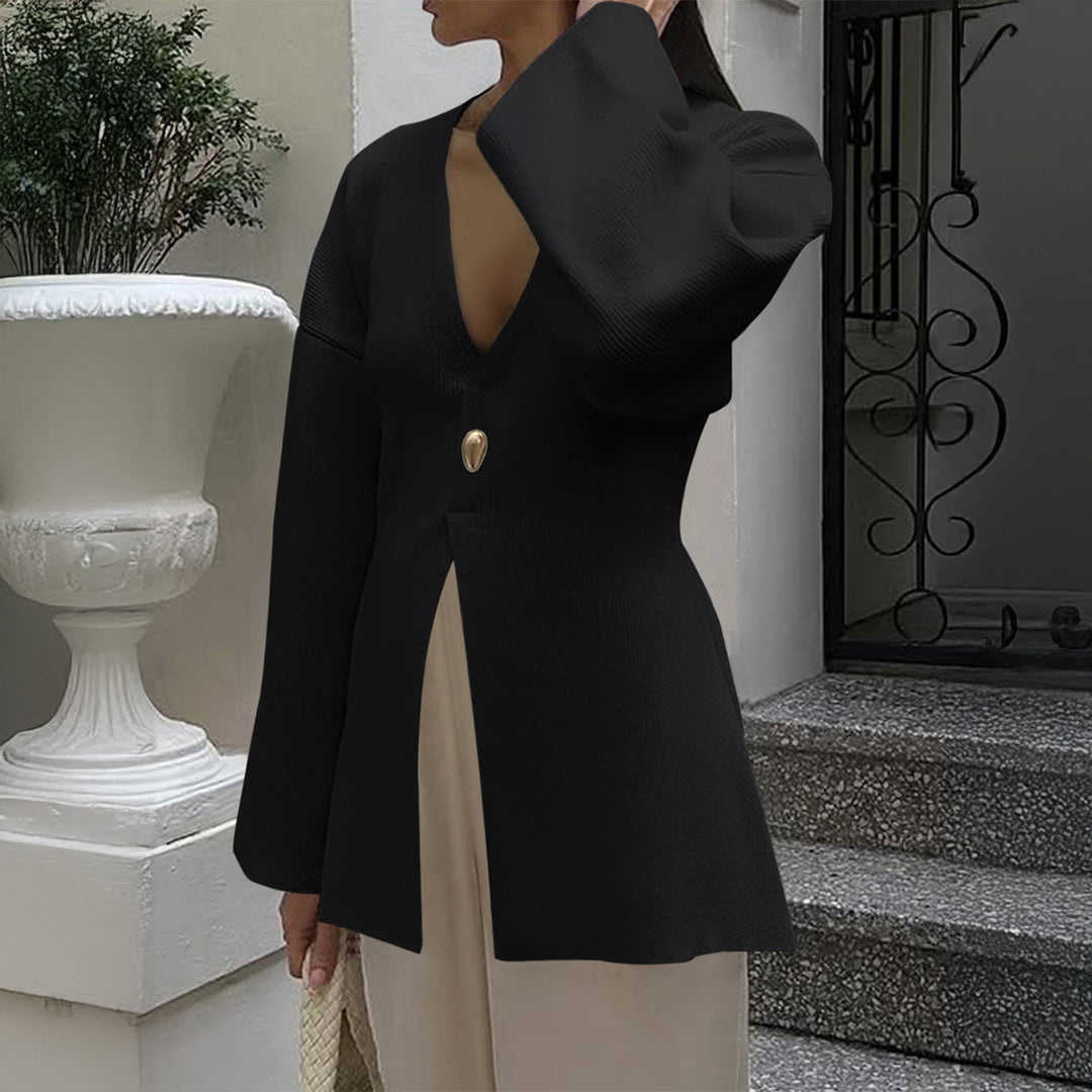 Damen nan taillierter Feinstrick-Cardigan mit V-Ausschnitt, Zierknopf und frontaler Schlitz Drune