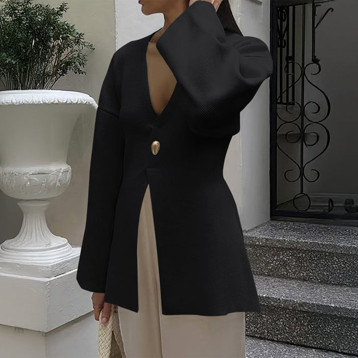 Damen nan taillierter Feinstrick-Cardigan mit V-Ausschnitt, Zierknopf und frontaler Schlitz Drune