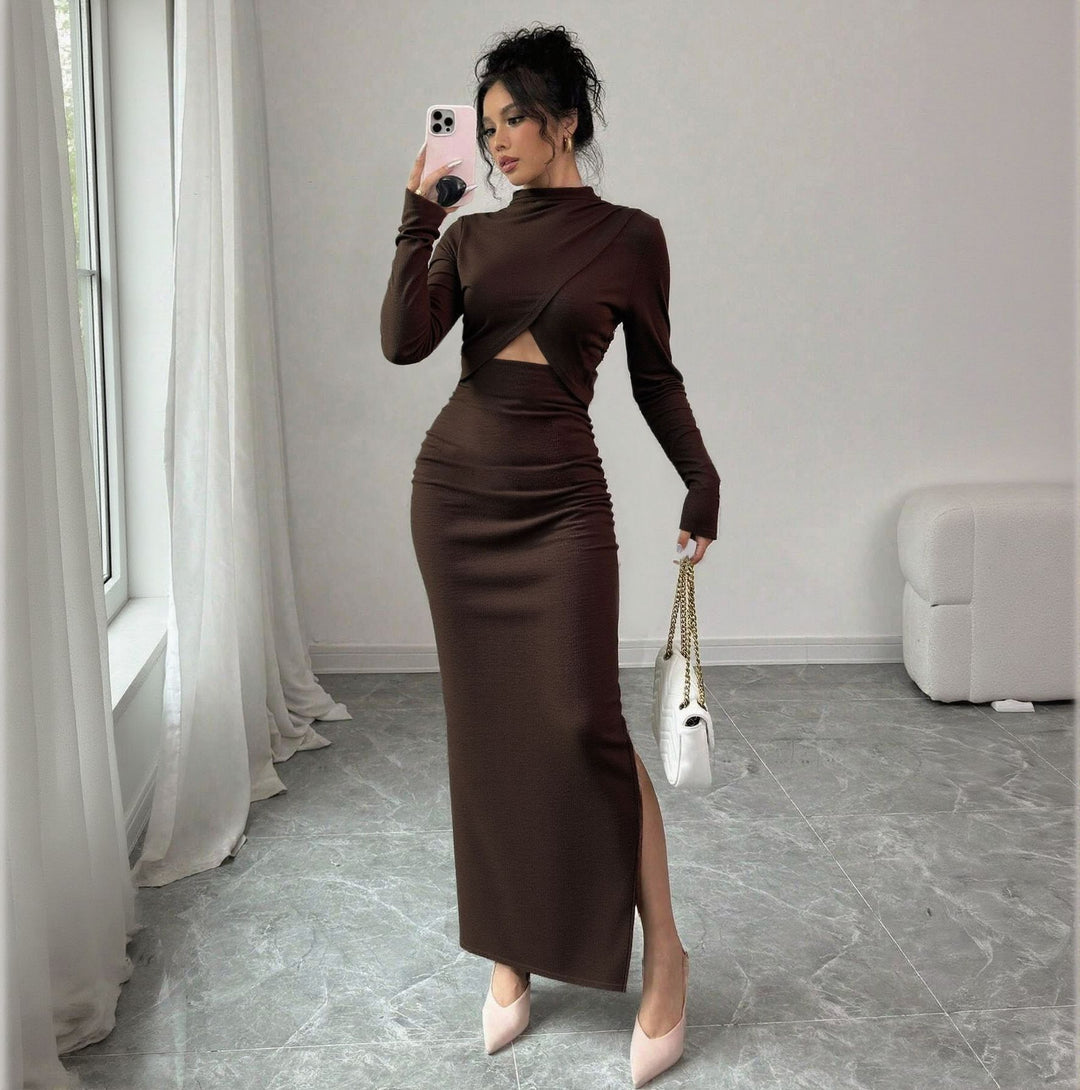 Damen Wickelkleid mit raffiniertem Schlitz und eleganten langen Ärmeln Drune