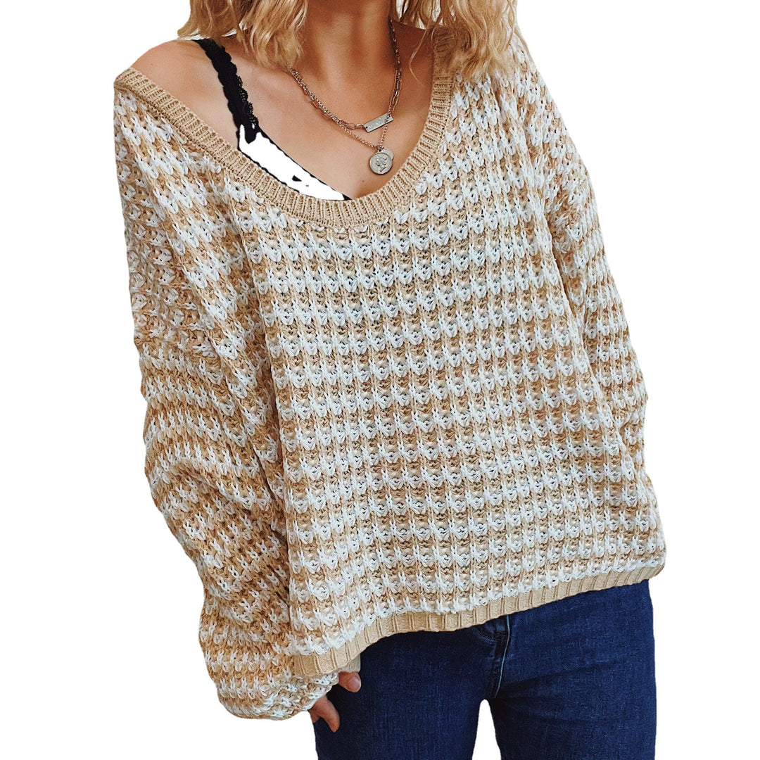 Damen lässiger Strickpullover mit tiefem V-Ausschnitt und weitem Schnitt Drune
