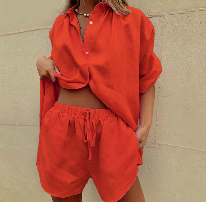 Damen lässiges Leinen Oberteil mit Shorts Drune