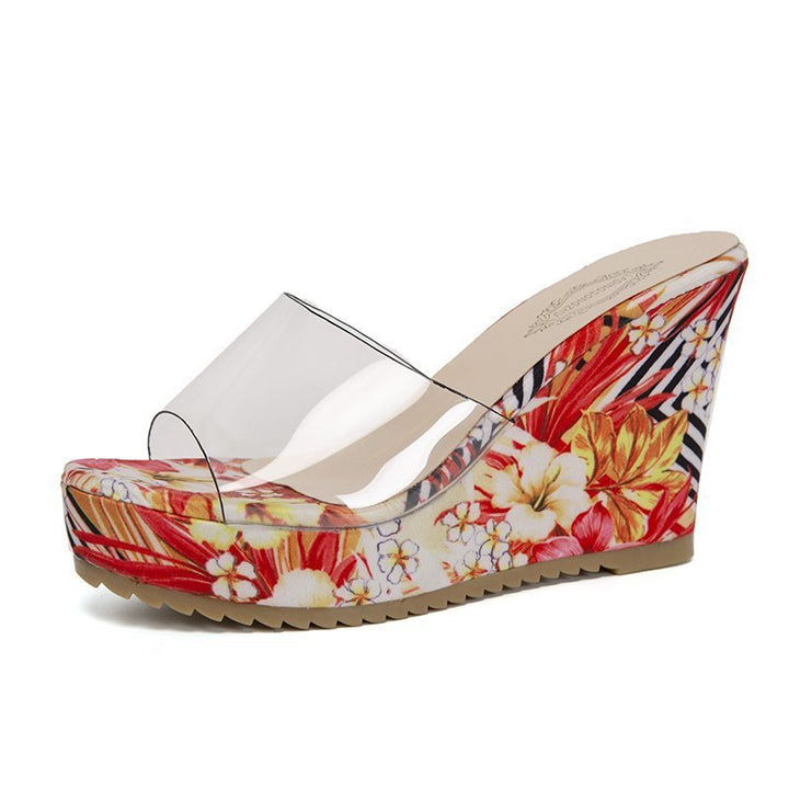 Damen nan PVC-Riemen Keilpantoletten mit floral bedruckter Keilsohle und ergonomischem Komfortfußbett Drune