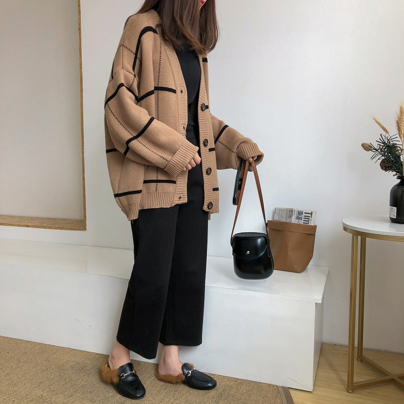 Damen Grobstrickjacke mit modischem Karo-Muster und praktischen Taschen Drune