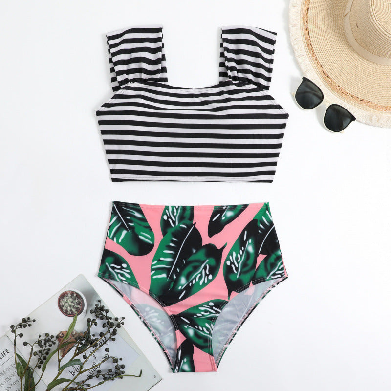 Damen Hochgeschnittener Bikini mit modischem Streifenmuster und floralem Unterteil Drune