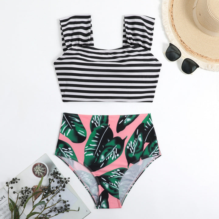 Damen Hochgeschnittener Bikini mit modischem Streifenmuster und floralem Unterteil Drune