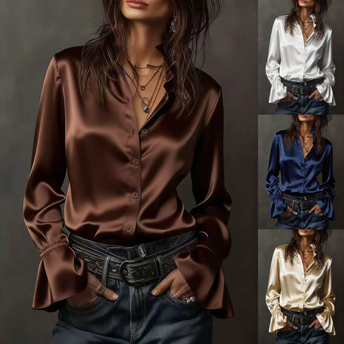 Damen Elegante Seidenbluse mit Raffungen an den Ärmeln Drune
