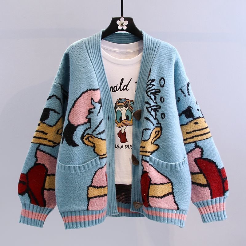 Damen Cartoon-Design Strickjacke mit breiten Ärmeln und Taschen Drune