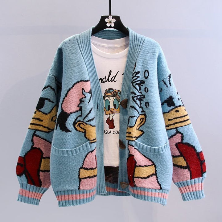 Damen Cartoon-Design Strickjacke mit breiten Ärmeln und Taschen Drune
